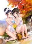  autumn_leaves barefoot bath_stool black_eyes black_hair blush breasts brown_eyes brown_hair cleavage collarbone covering covering_breasts day dutch_angle fukahire_(ruinon) groin hair_up hanekoto holding kneeling looking_at_viewer medium_breasts multiple_girls nude nude_cover one_eye_closed open_mouth original outdoors parted_lips ponytail rock sitting stool towel washing_back wet white_towel 