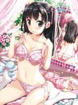  bangs bare_shoulders basket black_eyes black_hair blue_bra blue_panties bow bow_bra bow_panties bra bra_removed breasts cleavage closed_mouth collarbone curtains dengeki_moeou eyebrows eyebrows_visible_through_hair floral_print flower_basket fujima_takuya groin hair_bow hair_ornament hands_up highres holding holding_bra kneehighs lace lace-trimmed_bra lingerie looking_at_viewer medium_breasts mirror original panties panties_removed pink_bra pink_lips pink_panties plaid plaid_bra plaid_panties plant polka_dot polka_dot_bra polka_dot_panties reflection side-tie_panties sitting smile solo stomach striped topless tree twintails underwear underwear_only vertical-striped_panties vertical_stripes wariza white_legwear window 