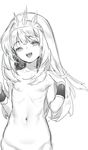  bangs bracer cagliostro_(granblue_fantasy) collarbone eyebrows_visible_through_hair flat_chest granblue_fantasy greyscale groin hairband hand_on_own_shoulder koza_game long_hair looking_at_viewer monochrome navel nipples nude ribs simple_background solo spikes teeth upper_body white_background 