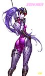  ass bodysuit breasts highres long_hair looking_at_viewer looking_back overwatch ozma pink_bodysuit ponytail purple_hair purple_skin shiny shiny_clothes simple_background small_breasts solo thighs visor white_background widowmaker_(overwatch) yellow_eyes 