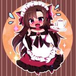  alternate_costume bad_id bad_twitter_id blush brooch brown_hair chibi commentary_request cup dress embarrassed enmaided fang flying_sweatdrops frilled_dress frilled_sleeves frills full_body hair_ribbon holding holding_tray imaizumi_kagerou jewelry long_hair long_sleeves looking_at_viewer maid maid_headdress nose_blush off-shoulder_dress off_shoulder open_mouth pink_eyes red_ribbon ribbon solo teacup teapot touhou tray wide_sleeves you_(noanoamoemoe) 