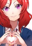  bangs blazer closed_mouth collar fingernails flush heart heart_hands highres jacket lips looking_at_viewer love_live! love_live!_school_idol_project necktie nishikino_maki otonokizaka_school_uniform parted_bangs portrait purple_eyes red_hair school_uniform shiny shiny_skin short_hair signature smile solo ssalbaram wavy_hair 