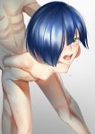 1boy 1girl abs absurdres arm_held_back bent_over blue_hair blush breasts bruise darling_in_the_franxx doggystyle gradient gradient_background green_eyes hair_over_one_eye hetero highres ichigo_(darling_in_the_franxx) injury navel nipples nude open_mouth rape revian_samuel_dani sex short_hair small_breasts solo_focus sweat tears 