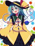  :d alternate_hair_length alternate_hairstyle aqua_eyes aqua_hair bad_id bad_twitter_id black_hat black_skirt blush commentary_request cowboy_shot embellished_costume floral_background frilled_shirt_collar frilled_sleeves frills hat hat_ribbon komeiji_koishi layered_skirt long_hair long_sleeves looking_away neck_ribbon open_mouth ribbon skirt sleeves_past_wrists smile solo touhou wide_sleeves yellow_ribbon you_(noanoamoemoe) 