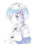  blue_eyes blue_hair blush breasts character_name cleavage detached_sleeves dress eyes_visible_through_hair hair_ornament hair_over_one_eye hair_ribbon headdress large_breasts looking_at_viewer maid pink_ribbon re:zero_kara_hajimeru_isekai_seikatsu rem_(re:zero) ribbon sakai_(knnkwakame) short_hair simple_background smile solo white_background x_hair_ornament 