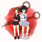  2girls artist_request blue_eyes brown_eyes brown_hair cosplay costume_switch kill_la_kill mankanshoku_mako mankanshoku_mako_(cosplay) matoi_ryuuko matoi_ryuuko_(cosplay) multiple_girls school_uniform senketsu skirt uniform 