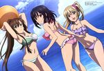  :d absurdres aiba_asagi ass ball beach beachball bikini black_hair blonde_hair breasts brown_eyes brown_hair day green_eyes highres himeragi_yukina kirasaka_sayaka light_frown light_smile long_hair magazine_scan medium_breasts megami multiple_girls navel o-ring o-ring_bottom ocean official_art open_mouth outdoors ponytail purple_eyes sano_takao scan short_hair side-tie_bikini smile strike_the_blood swimsuit water 