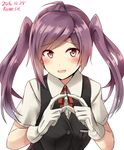  :d ahoge alternate_hairstyle artist_name bangs black_vest blush brown_eyes buttons collared_shirt commentary_request dated eyebrows_visible_through_hair fingers_together gloves grey_vest hagikaze_(kantai_collection) highres kamelie kantai_collection long_hair looking_at_viewer neck_ribbon open_mouth purple_hair red_ribbon ribbon shirt short_sleeves signature simple_background smile solo twintails upper_body vest white_background white_gloves white_shirt 
