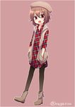  alternate_costume beret boots brown_eyes brown_hair dress dress_shirt hands_in_pockets hat kantai_collection mutsuki_(kantai_collection) nagasioo open_mouth pantyhose plaid plaid_dress red_dress shirt short_hair simple_background solo twitter_username unmoving_pattern vest walking 