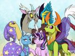  antlers blue_feathers changeling cutie_mark discord_(mlp) draconequus equine eyelashes feathered_wings feathers female feral friendship_is_magic fur horn inuhoshi-to-darkpen male mammal my_little_pony purple_fur simple_background standing starlight_glimmer_(mlp) thorax_(mlp) trixie_(mlp) unicorn wings 