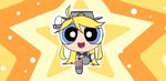  :d ahoge arms_up blonde_hair breasts chibi cleavage commentary_request headgear ido_(teketeke) iowa_(kantai_collection) kantai_collection long_hair looking_at_viewer medium_breasts multicolored multicolored_eyes navel open_mouth parody powerpuff_girls smile solo star starry_background style_parody 