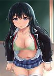  black_hair blue_eyes blush bra breasts cum cum_in_pussy highres inanaki_shiki large_breasts leaning_forward long_hair long_sleeves looking_at_viewer navel open_clothes original panties panty_pull school_uniform solo thighhighs underwear 