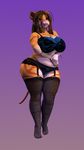  2016 3d_(artwork) anthro big_breasts blx24 bra breasts brown_hair cat clothing digital_media_(artwork) feline female fur green_eyes hair hi_res hindpaw huge_breasts legwear lips long_hair mammal nails orange_fur panties paws pink_nose slightly_chubby smile solo standing stockings thick_thighs underwear voluptuous white_fur yellow_fur 