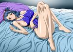  1girl areola_slip areolae bare_arms bare_legs bare_shoulders barefoot bed blue_hair blue_swimsuit blush breasts brown_eyes cleavage embarrassed erect_nipples feet female game_cg glasses hair_up highres large_breasts legs long_hair looking_at_viewer lying nel-zel_formula on_bed one-piece_swimsuit one_piece shiny shiny_skin sleeveless solo swimsuit tashigi thighs toes 