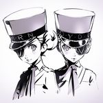  caroline_(persona_5) double_bun eyepatch greyscale hat ilya_kuvshinov justine_(persona_5) looking_at_viewer monochrome multiple_girls necktie persona persona_5 sketch 