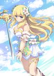  absurdres bare_shoulders blonde_hair blue_eyes blush breasts cleavage flower four_goddesses_online:_cyber_dimension_neptune hair_flower hair_ornament highres large_breasts long_hair looking_at_viewer neptune_(series) normaland rapier smile solo sword vert weapon 