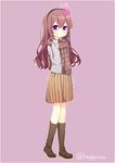  alternate_costume boots brown_hair casual diadem full_body kantai_collection kisaragi_(kantai_collection) knee_boots long_hair nagasioo pink_background plaid plaid_scarf pleated_skirt purple_eyes scarf skirt smile solo standing sweater twitter_username 