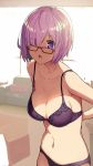  1girl :o arms_behind_back bra breasts cleavage collarbone couch eyebrows_visible_through_hair eyes_visible_through_hair fate/grand_order fate_(series) glasses highres indoors looking_at_viewer mash_kyrielight medium_breasts navel panties pink_hair purple_bra purple_eyes purple_panties red-framed_eyewear short_hair solo standing tomitayaki underwear underwear_only 