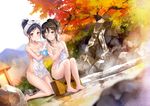  autumn_leaves barefoot bath_stool black_eyes black_hair blush breasts brown_eyes brown_hair cleavage collarbone covering covering_breasts day dutch_angle fukahire_(ruinon) groin hair_up hanekoto highres holding kneeling looking_at_viewer medium_breasts multiple_girls nude nude_cover one_eye_closed open_mouth original outdoors parted_lips ponytail rock sitting stool towel washing_back wet white_towel 