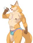  athletic briefs bulge canine clothed clothing fist fox front_view looking_at_viewer male mammal navel nipples pecs pinup pose solo spacedog standing tongue tongue_out topless underwear water water_bottle 