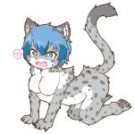  &lt;3 2018 acky05_(artist) all_fours anthro blue_eyes blue_hair blush breasts butt featureless_breasts felid female fur grey_fur hair mammal nude pantherine short_hair simple_background snow_leopard solo speech_bubble spots spotted_fur suzune_(acky05) white_background 