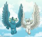  blue_eyes blue_feathers blue_fur day duo equine feathered_wings feathers female flying friendship_is_magic fur green_hair hair hooves inuhoshi-to-darkpen male mammal my_little_pony nude outside pegasus sky smile white_feathers white_fur wings 