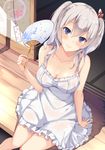  blue_eyes blush breasts cleavage dress fan hatsu_(first_snow) kantai_collection kashima_(kantai_collection) large_breasts long_hair paper_fan porch silver_hair sitting smile solo sundress tsurime twintails uchiwa wavy_hair white_dress wind_chime 