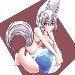  animal_ears blush breasts cleavage collarbone commentary_request highres inubashiri_momiji kouno_ibuki large_breasts looking_at_viewer no_hat no_headwear red_eyes short_hair silver_hair sitting solo swimsuit tail touhou wolf_ears wolf_tail 