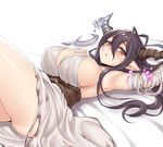  armpits bandaged_arm bandages bed bed_sheet black_hair breasts covered_nipples danua draph granblue_fantasy horn_ornament horns lang_(chikage36) large_breasts legs_up long_hair looking_at_viewer lying on_back pointy_ears red_eyes sideboob solo thighs 