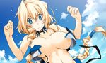  bikini blonde_hair blue_eyes blush braid breasts cloud day embarrassed hair_tubes highres kyoukaisenjou_no_horizon large_breasts long_hair looking_down mary_stuart scar shikei sidelocks single_braid sky solo swimsuit untied untied_bikini upper_body very_long_hair wardrobe_malfunction wide-eyed 