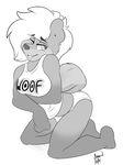 2016 amazin-arts anthro canine clothing female kneeling mammal partial_clothing simple_background sketch solo tagme text two_tone 
