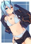  bad_id bad_pixiv_id black_shirt black_shorts blue_eyes bra braid breasts brown_eyes cleavage collarbone groin hair_between_eyes heterochromia io_(pso2) kurebayashi_noe light_blue_hair looking_at_viewer navel open_clothes open_shirt orange_eyes panties phantasy_star phantasy_star_online_2 shirt short_hair shorts shorts_pull small_breasts solo striped striped_bra striped_panties underwear 