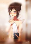  bad_id bad_pixiv_id bathing blush breasts brown_hair cellphone condensation highres long_hair makise_kurisu medium_breasts mirror navel nude open_mouth phone purple_eyes reflection self_shot smartphone solo steam steins;gate tied_hair towel wujia_xiaozi 