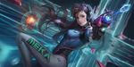  2016 acronym action armor artist_name bangs blurry blurry_background bodysuit bokeh boots breasts brown_eyes brown_hair building bullet bullet_trail car character_name charm_(object) city city_lights closed_mouth clothes_writing crosswalk d.va_(overwatch) dated depth_of_field explosion eyelashes facepaint facial_mark firing floating_hair from_side gloves ground_vehicle gun headphones high_collar highres holding holding_gun holding_weapon intersection knee_pads leg_up lips lipstick long_hair long_sleeves looking_at_viewer makeup mecha medium_breasts meka_(overwatch) midair motor_vehicle muzzle_flash nose outdoors overwatch pilot_suit pink_lips pink_lipstick pointing road shoulder_pads signature skin_tight solo street swept_bangs thigh_boots thighhighs turtleneck weapon whisker_markings white_footwear white_gloves white_legwear 