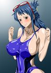  1girl areola_slip areolae bare_arms bare_legs bare_shoulders blue_hair blue_swimsuit blush breasts brown_eyes cleavage erect_nipples female game_cg glasses hair_up highres large_breasts long_hair nel-zel_formula one-piece_swimsuit one_piece shiny shiny_skin sweat swimsuit tashigi 
