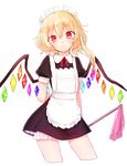  :3 alternate_costume apron arms_behind_back bangs black_dress blonde_hair bloomers closed_mouth cowboy_shot dress enmaided eyebrows eyebrows_visible_through_hair flandre_scarlet frilled_apron frills hair_between_eyes honotai looking_at_viewer maid maid_apron maid_headdress neck_ribbon puffy_short_sleeves puffy_sleeves red_eyes red_ribbon ribbon short_hair short_sleeves side_ponytail simple_background smile solo touhou underwear white_background wings 