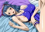  1girl areola_slip areolae bare_arms bare_legs bare_shoulders bed blue_hair blue_swimsuit blush breasts brown_eyes cleavage erect_nipples feet female game_cg glasses hair_up highres large_breasts legs long_hair looking_at_viewer lying nel-zel_formula on_bed one-piece_swimsuit one_piece shiny shiny_skin sleeveless solo swimsuit tashigi 