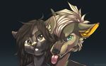  anthro black_nose brown_eyes brown_hair brown_nose canine cat dog duo eam0 feline female gradient_background green_eyes hair inner_ear_fluff looking_at_viewer male mammal simple_background smile teeth tongue white_hair 