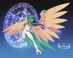  artist_name character_name decidueye feathered_wings feathers gen_7_pokemon leaf magic_circle no_humans orange_eyes pokemon pokemon_(creature) ryoboshi_runa solo sparkle wings 