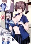  1boy 2girls beret blue_bra blue_eyes bra breasts brown_eyes brown_hair cleavage comic commentary hat highres kaga_(kantai_collection) kantai_collection kashima_(kantai_collection) large_breasts lawson multiple_girls name_tag navel open_clothes side_ponytail silent_comic silver_hair souryu sweatdrop twintails underwear undressing 