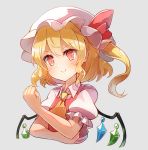  1girl 60mai ascot bangs blonde_hair blush clenched_hand commentary_request cropped_torso crystal eyebrows_visible_through_hair flandre_scarlet grey_background hair_between_eyes hat hat_ribbon long_hair looking_at_viewer mob_cap one_side_up puffy_short_sleeves puffy_sleeves red_eyes red_ribbon red_vest ribbon shirt short_sleeves simple_background smile solo touhou upper_body vest white_hat white_shirt wing_collar wings yellow_neckwear 