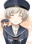  ^_^ artist_name blush closed_eyes collared_shirt commentary_request dated eyebrows eyebrows_visible_through_hair grey_hair hat highres jitome kamelie kantai_collection looking_at_viewer multiple_girls red_hair sailor_hat shiny shiny_hair shirt short_hair smile twitter_username v z1_leberecht_maass_(kantai_collection) z3_max_schultz_(kantai_collection) 
