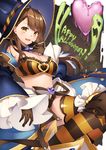  :d bangs beatrix_(granblue_fantasy) breasts brown_eyes brown_gloves brown_hair cleavage detached_sleeves from_behind gloves granblue_fantasy halloween happy_halloween hat large_breasts looking_at_viewer midriff open_mouth ponytail shiyun sidelocks smile smirk solo striped striped_legwear swept_bangs thighhighs tongue v-shaped_eyebrows wide_sleeves witch_hat 