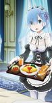  :d bedside blue_eyes blue_hair bread breakfast breasts croissant curtains detached_sleeves egg eyes_visible_through_hair food frilled_sleeves frills hair_ornament hair_over_one_eye highres ketchup maid maid_headdress medium_breasts official_art omelet omurice open_mouth orange_juice pink_ribbon re:zero_kara_hajimeru_isekai_seikatsu rem_(re:zero) ribbon ribbon-trimmed_clothes ribbon_trim salad sausage short_hair skirt smile solo standing table tomato white_fox_(company) white_legwear x_hair_ornament 
