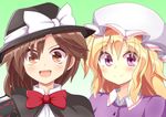  aki_chimaki blonde_hair bow bowtie brown_eyes brown_hair gradient gradient_background green_background hat hat_bow highres looking_at_viewer maribel_hearn mob_cap multiple_girls open_mouth purple_eyes red_bow red_neckwear smile touhou usami_renko white_bow 