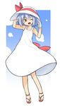  ;d alternate_costume bad_id bad_twitter_id blue_hair dress hands_on_headwear hat hat_tug kazawa_(tonzura-d) no_wings one_eye_closed open_mouth red_eyes remilia_scarlet sandals short_hair smile solo sun_hat sundress touhou 