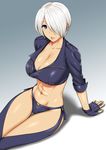  abs angel_(kof) blue_background blue_eyes breasts cleavage fingerless_gloves gloves gradient gradient_background hair_over_one_eye highres large_breasts light_smile lips midriff navel parted_lips short_hair silver_hair solo st.germain-sal the_king_of_fighters thigh_gap thighs 