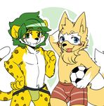  alternate_version_available ball blush boxer_briefs bulge canine cheetah clothed clothing duo feline flat_colors front_view grin jockstrap looking_at_viewer male mammal naughty_face pinup pointing pose rubbing_head saku1saya soccer_ball standing tongue tongue_out topless underwear wolf zabivaka zakumi 