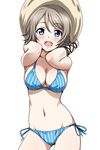  :d ass_visible_through_thighs bikini blue_bikini blue_eyes blush breasts cleavage commentary_request contrapposto cowboy_shot hat highres large_breasts light_brown_hair looking_at_viewer love_live! love_live!_sunshine!! navel open_mouth rozen5 shiny shiny_skin side-tie_bikini simple_background smile solo standing striped striped_bikini sun_hat swimsuit vertical-striped_bikini vertical_stripes watanabe_you white_background 