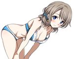  bent_over blue_bra blue_eyes blue_panties blush bra breasts cleavage collarbone commentary_request hair_ornament hair_scrunchie light_brown_hair looking_at_viewer love_live! love_live!_sunshine!! medium_breasts panties rozen5 scrunchie short_twintails simple_background smile solo strap_slip twintails underwear underwear_only watanabe_you white_background 